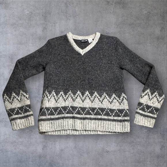 dELiA*s Sweaters - dELiA*s Fair Isle Sweater Womens L Gray White Wool Blend Nordic Knit Pullover